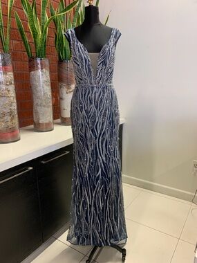 Catwalk 50142 Navy Maxi Evening Dress with V-Neck